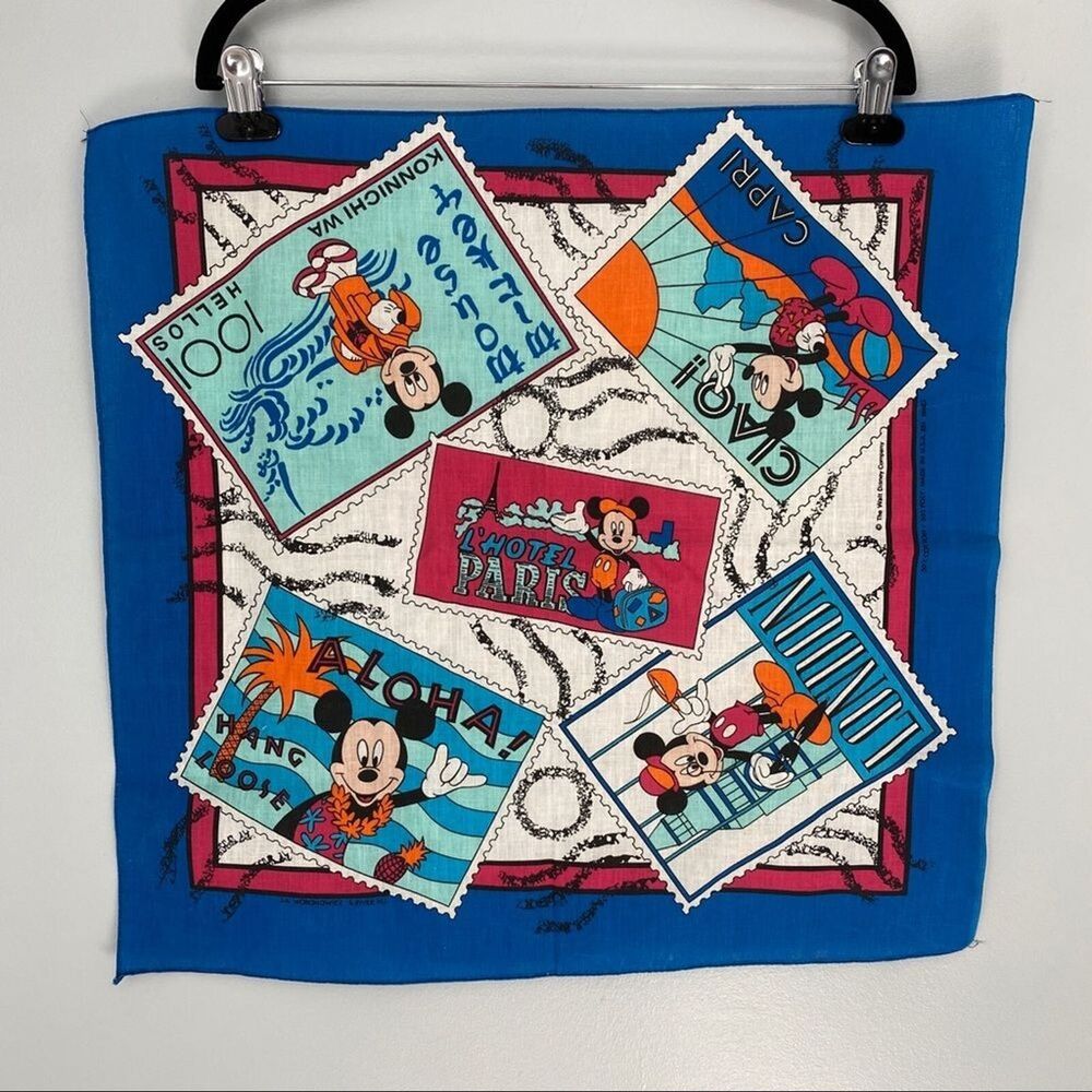 Disney Mickey Mouse Travel Postcard Paris, London, Hawaii, Capri Handkerchief